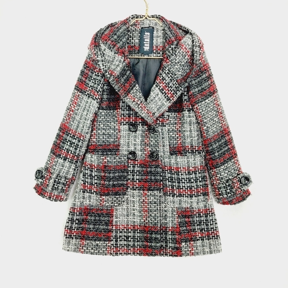 INTL d.e.t.a.i.l.s Red Gray Black Plaid Button Up Winter Pea Coat Z54